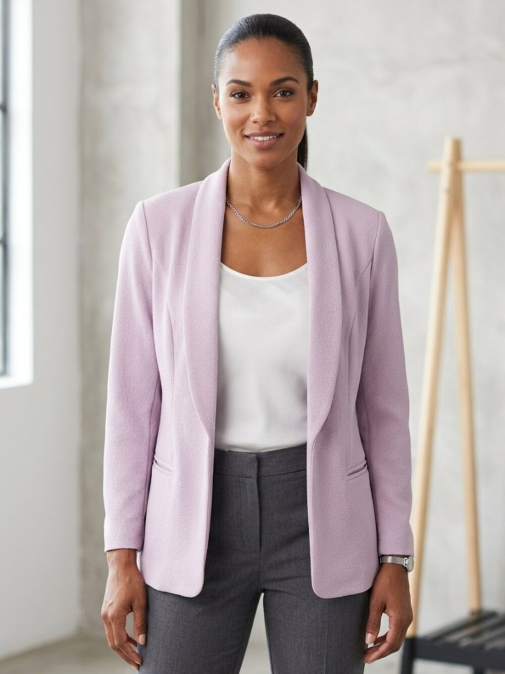 Women's light pink/lilac, open-front blazer jacket